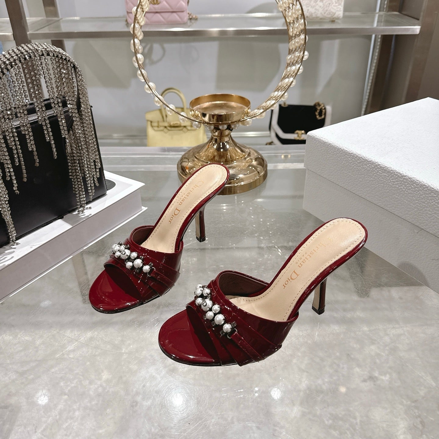 CD 26 High-Heeled Mules 85mm Pearl Dark Red Patent Leather 592253
