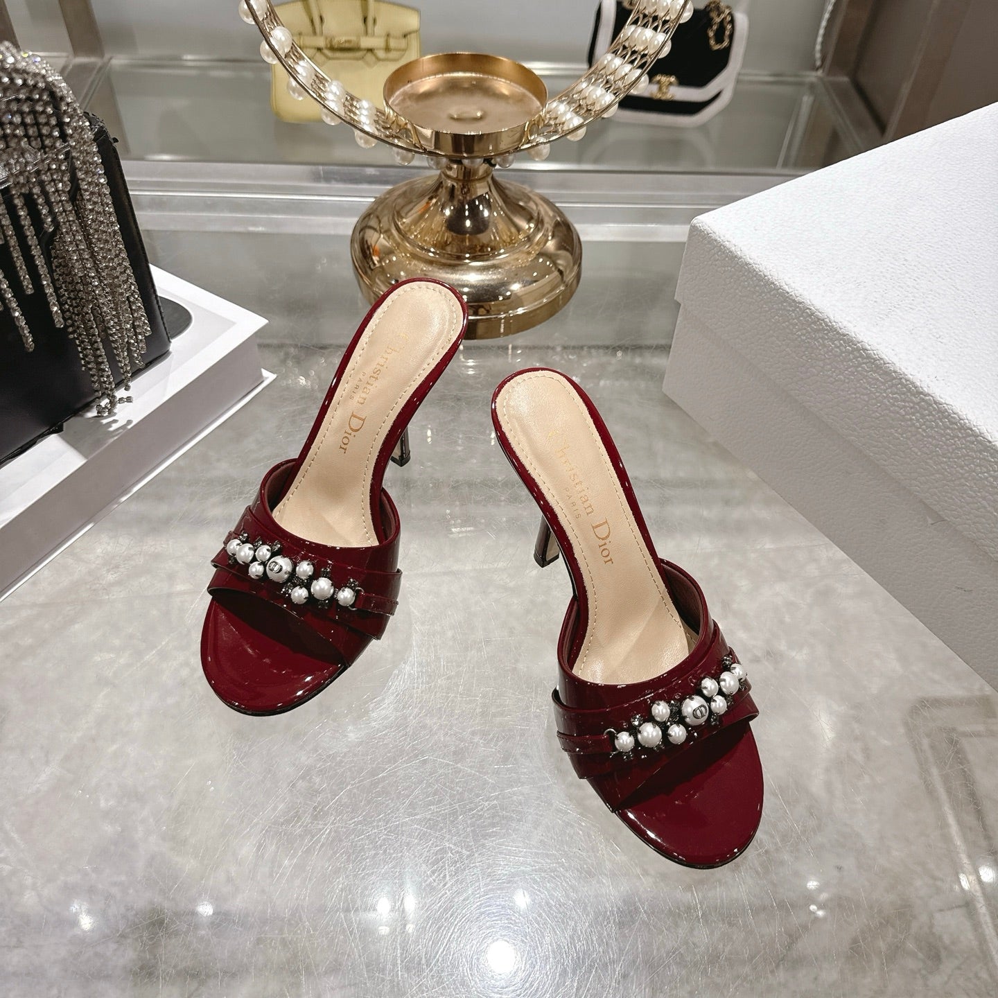 CD 26 High-Heeled Mules 85mm Pearl Dark Red Patent Leather 592253
