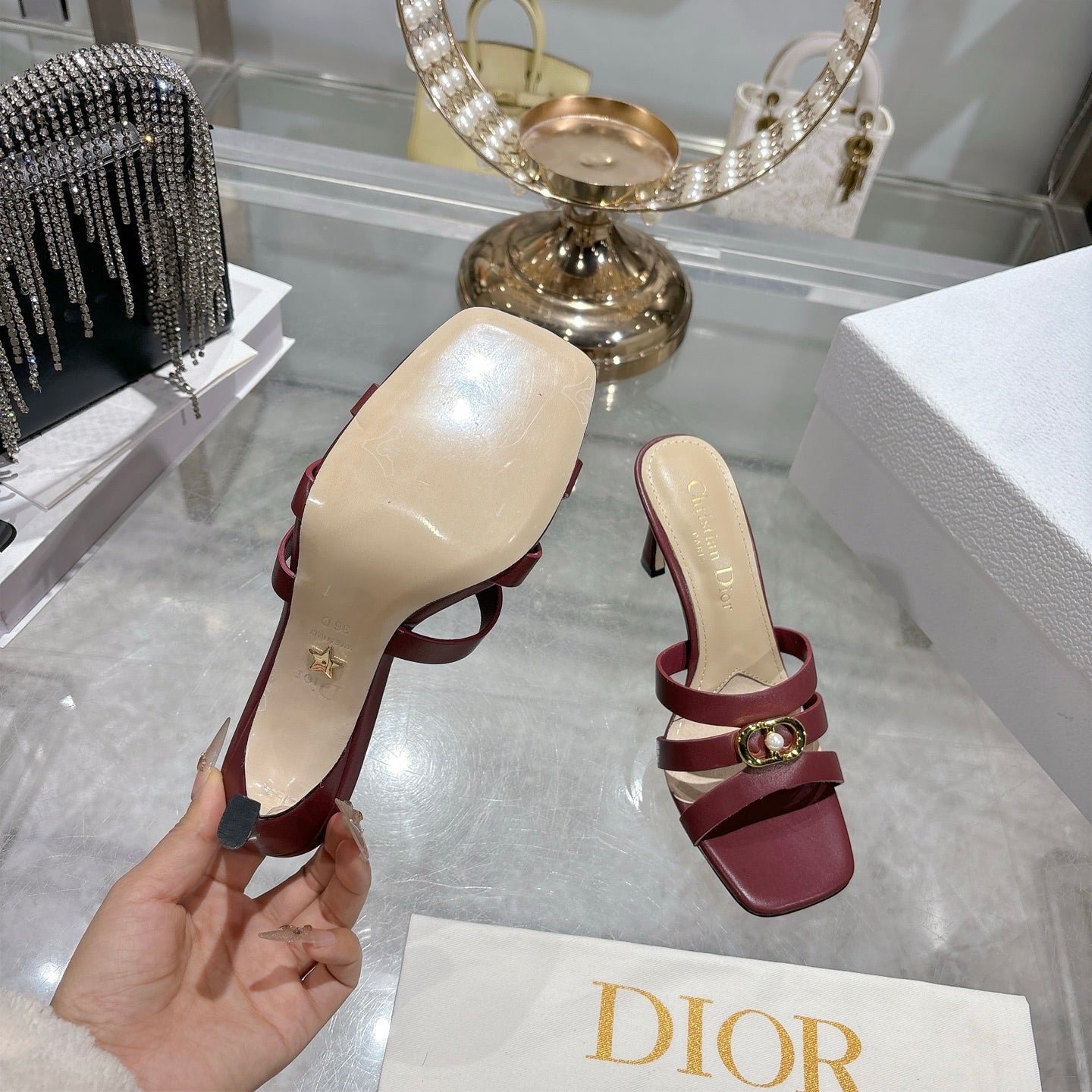 CD 26 High-Heeled Sandals 75mm Dark Red Leather 592254