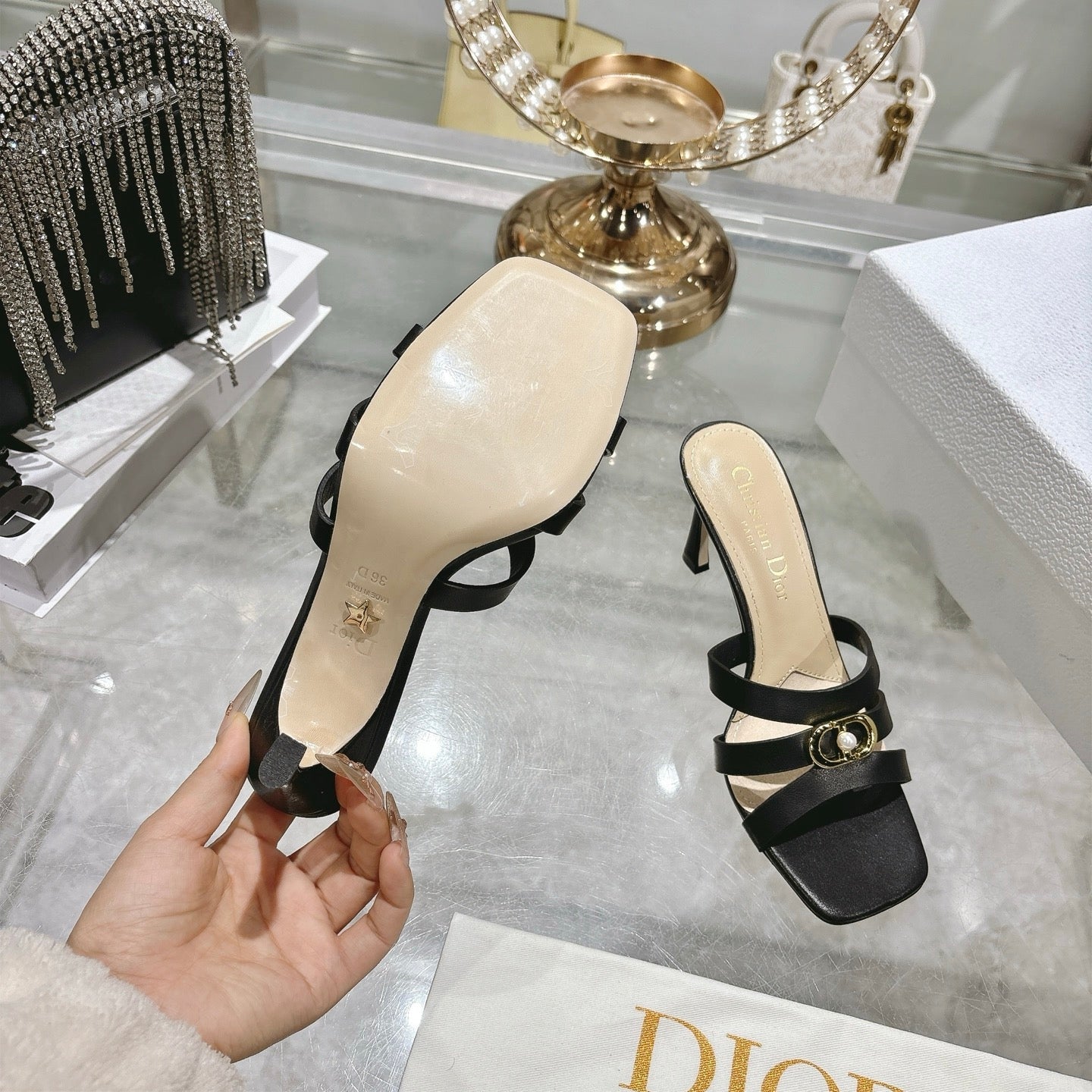 CD 26 High-Heeled Sandals 75mm Black Beige Leather 592255