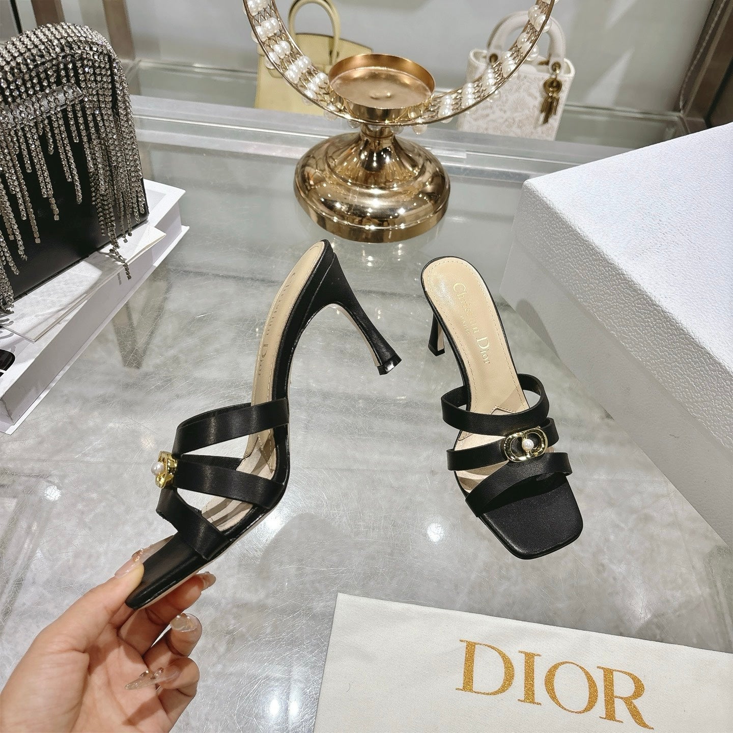 CD 26 High-Heeled Sandals 75mm Black Beige Leather 592255