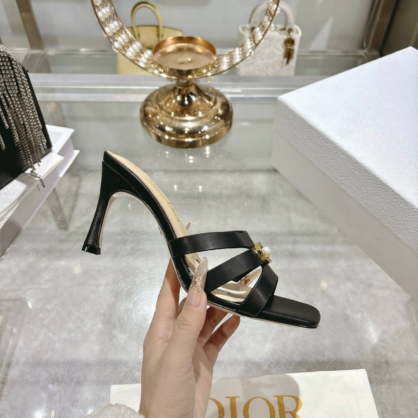 CD 26 High-Heeled Sandals 75mm Black Beige Leather 592255