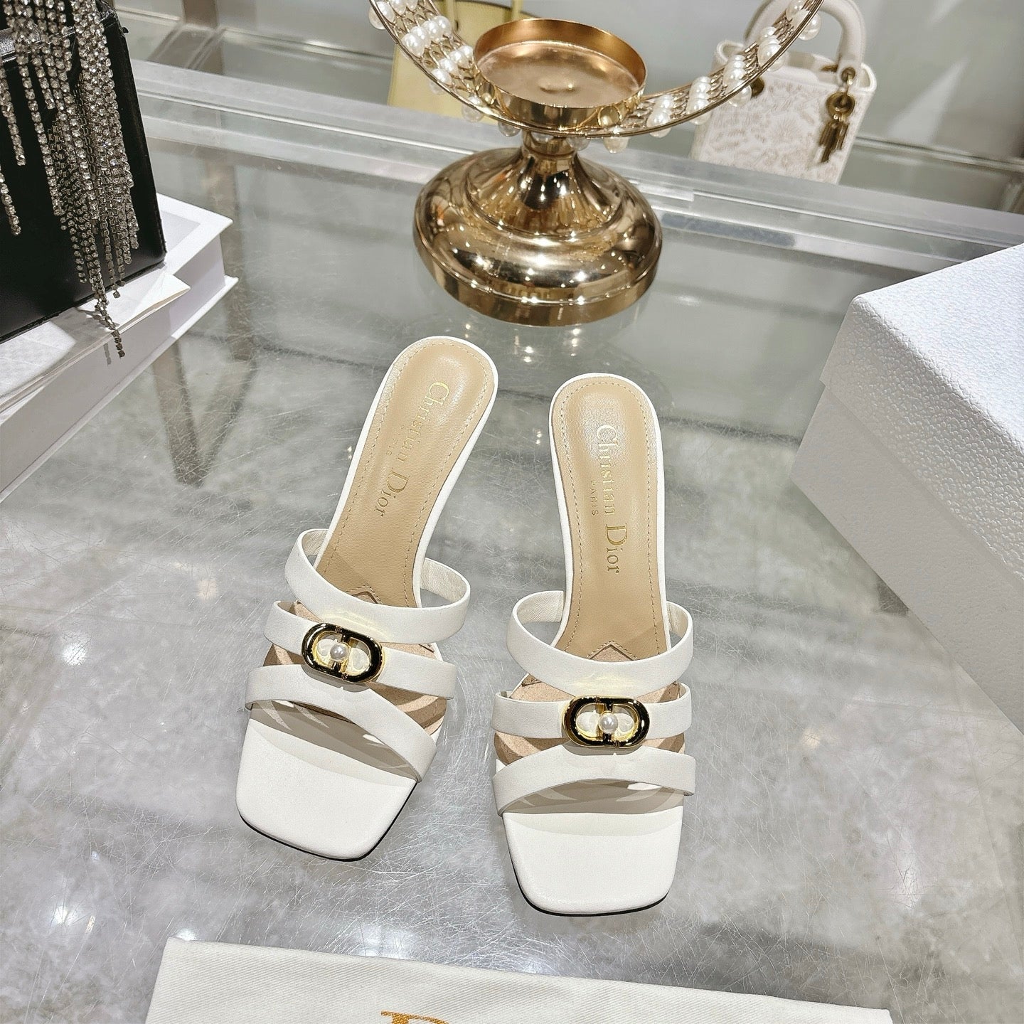 CD 26 High-Heeled Sandals 75mm White Beige Leather 592256