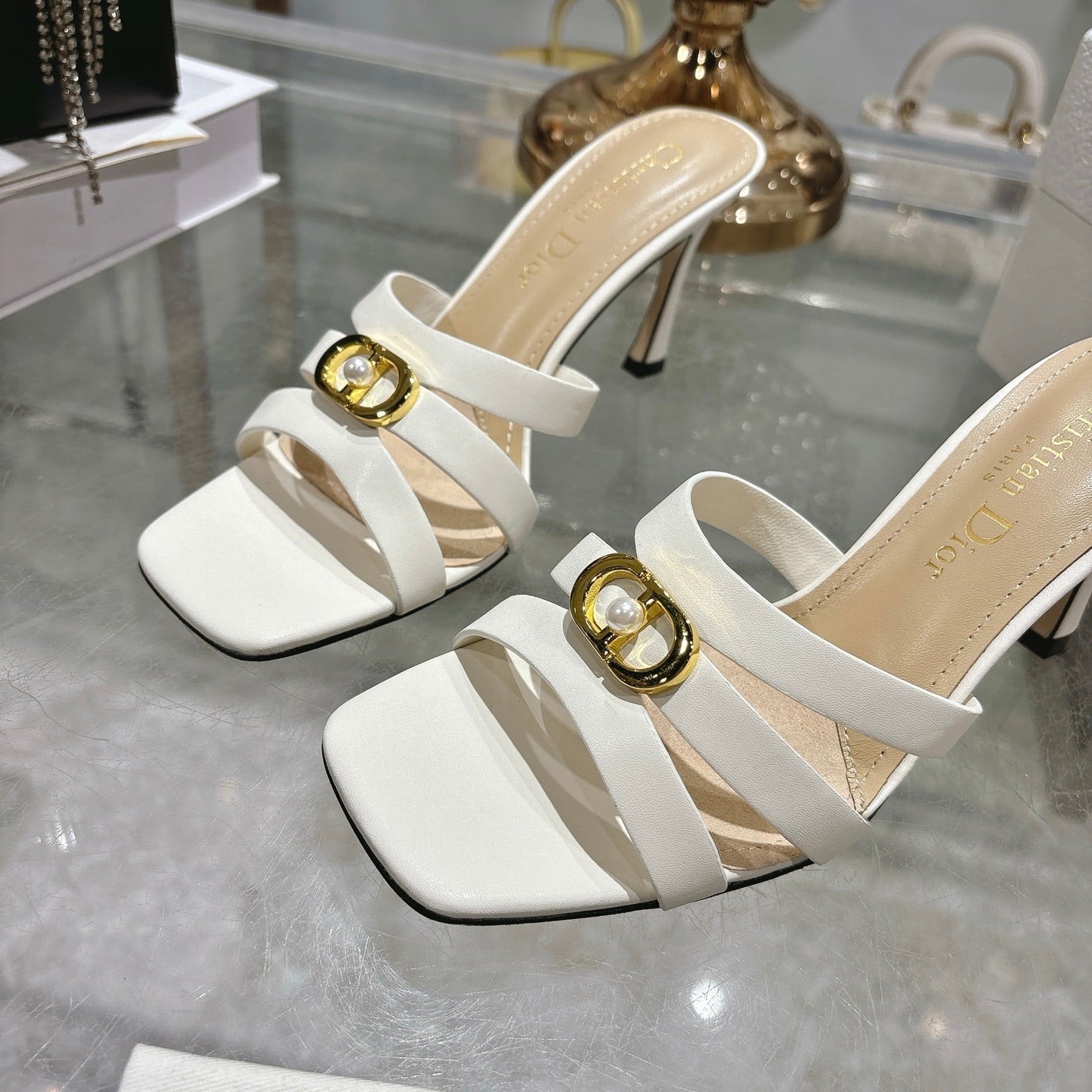 CD 26 High-Heeled Sandals 75mm White Beige Leather 592256
