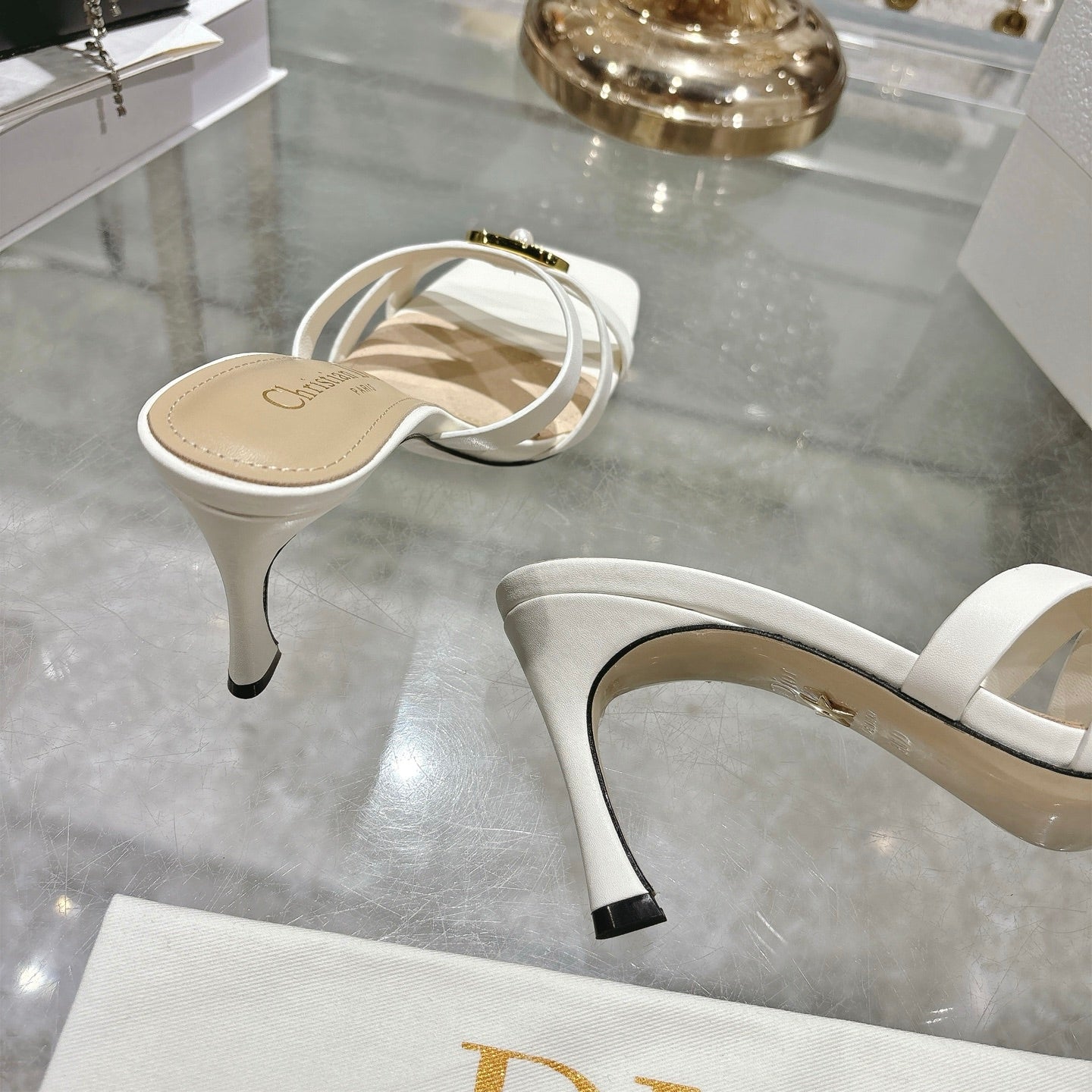 CD 26 High-Heeled Sandals 75mm White Beige Leather 592256