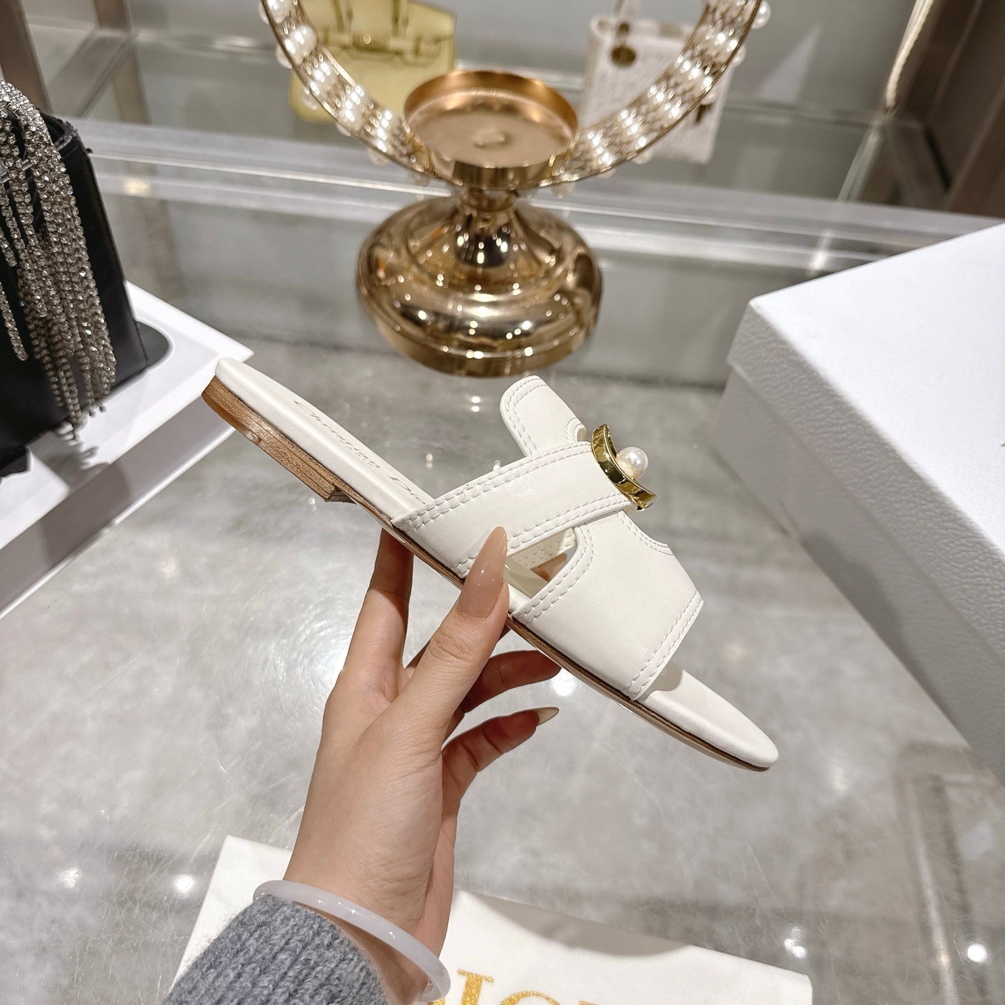 CD 26 Chunky Heel Sandals White Leather 592272