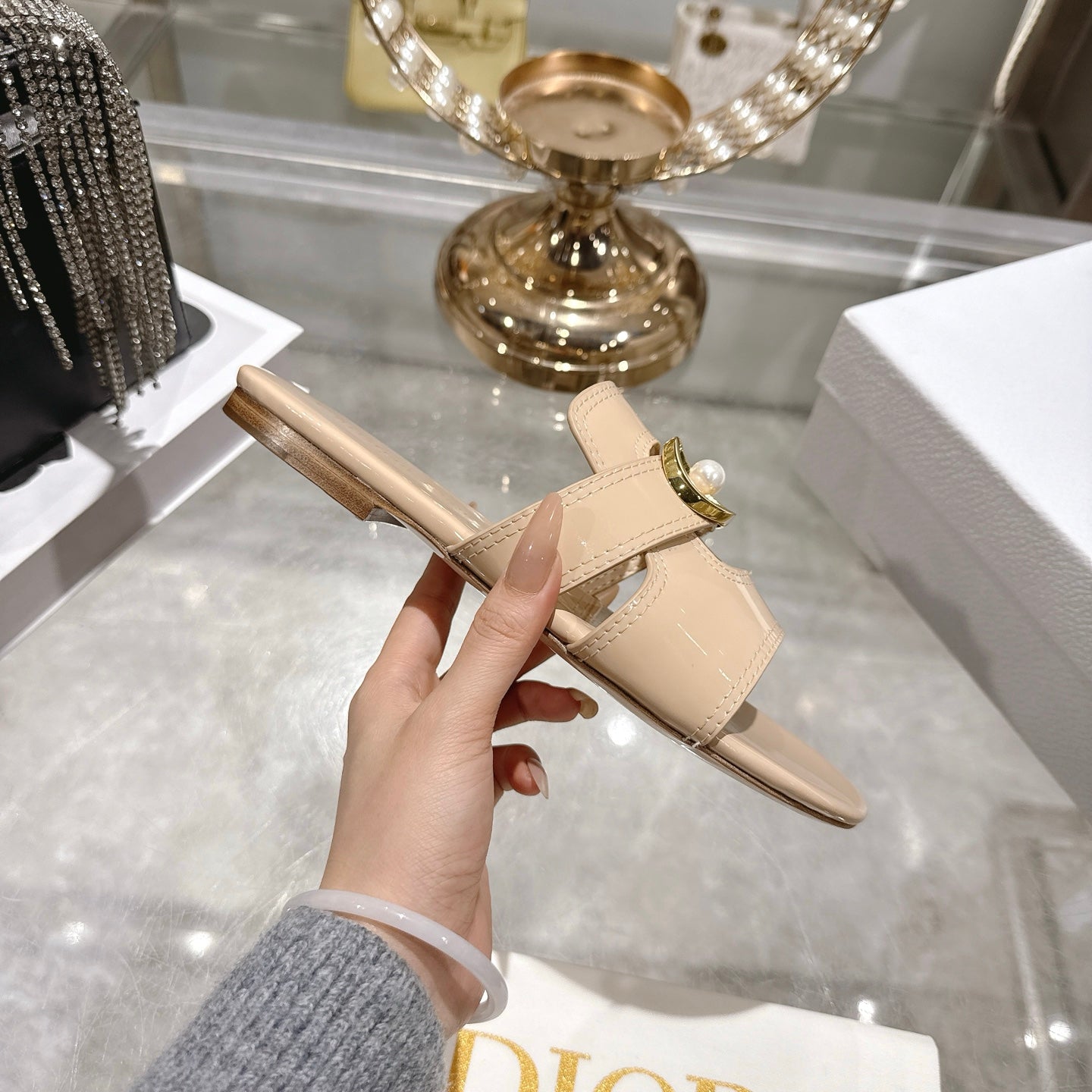 CD 26 Chunky Heel Sandals Beige Patent Leather 592276