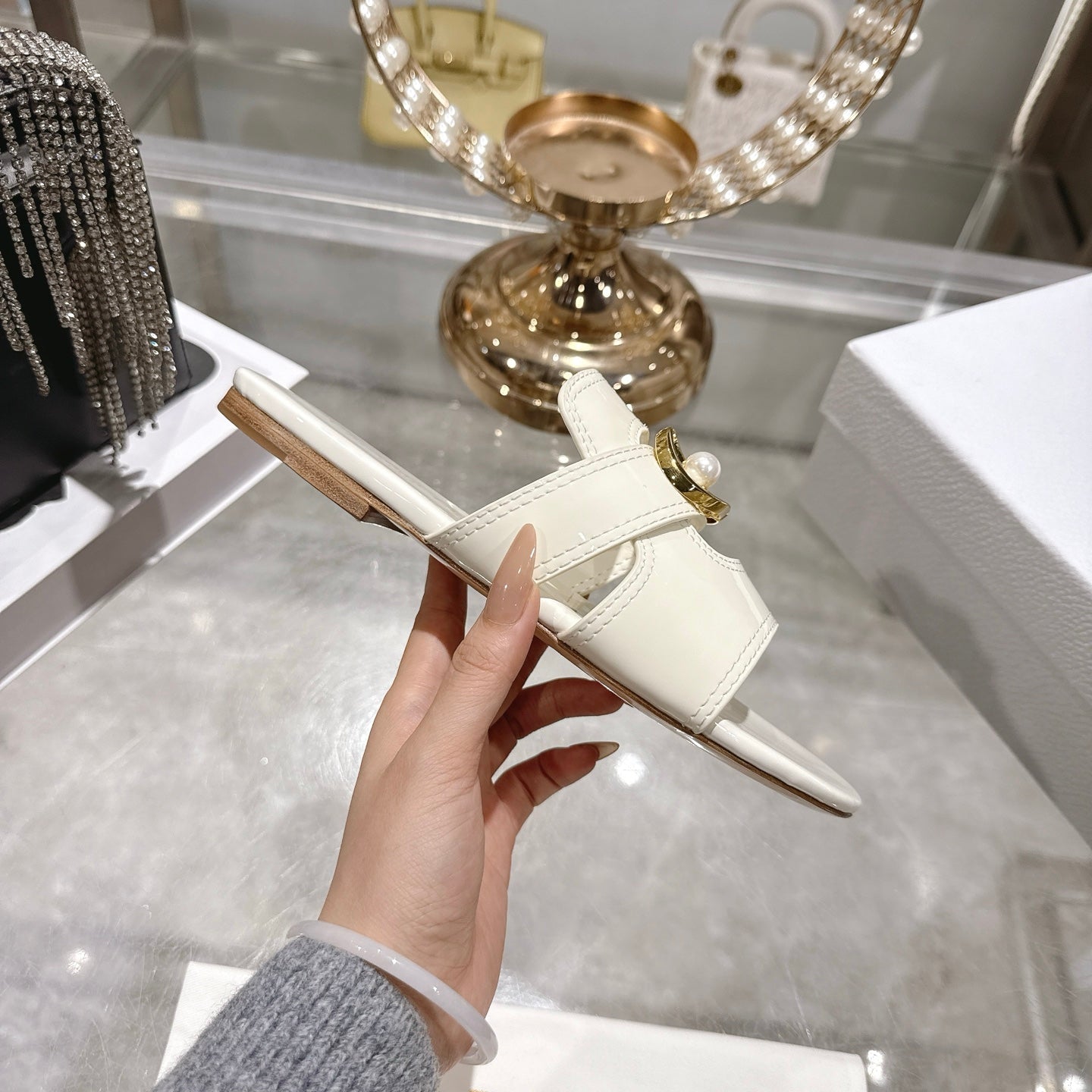 CD 26 Chunky Heel Sandals White Patent Leather 592277