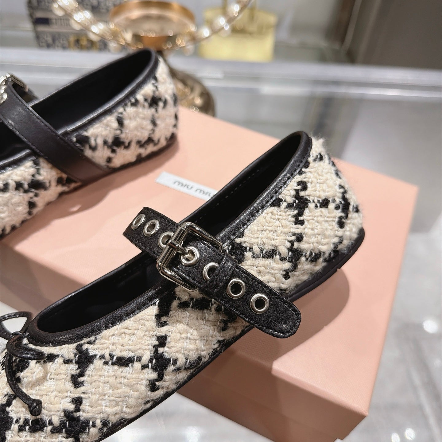 Miu Miu 2026 Bouclé Check Ballet Flats Tweed Leather 999630