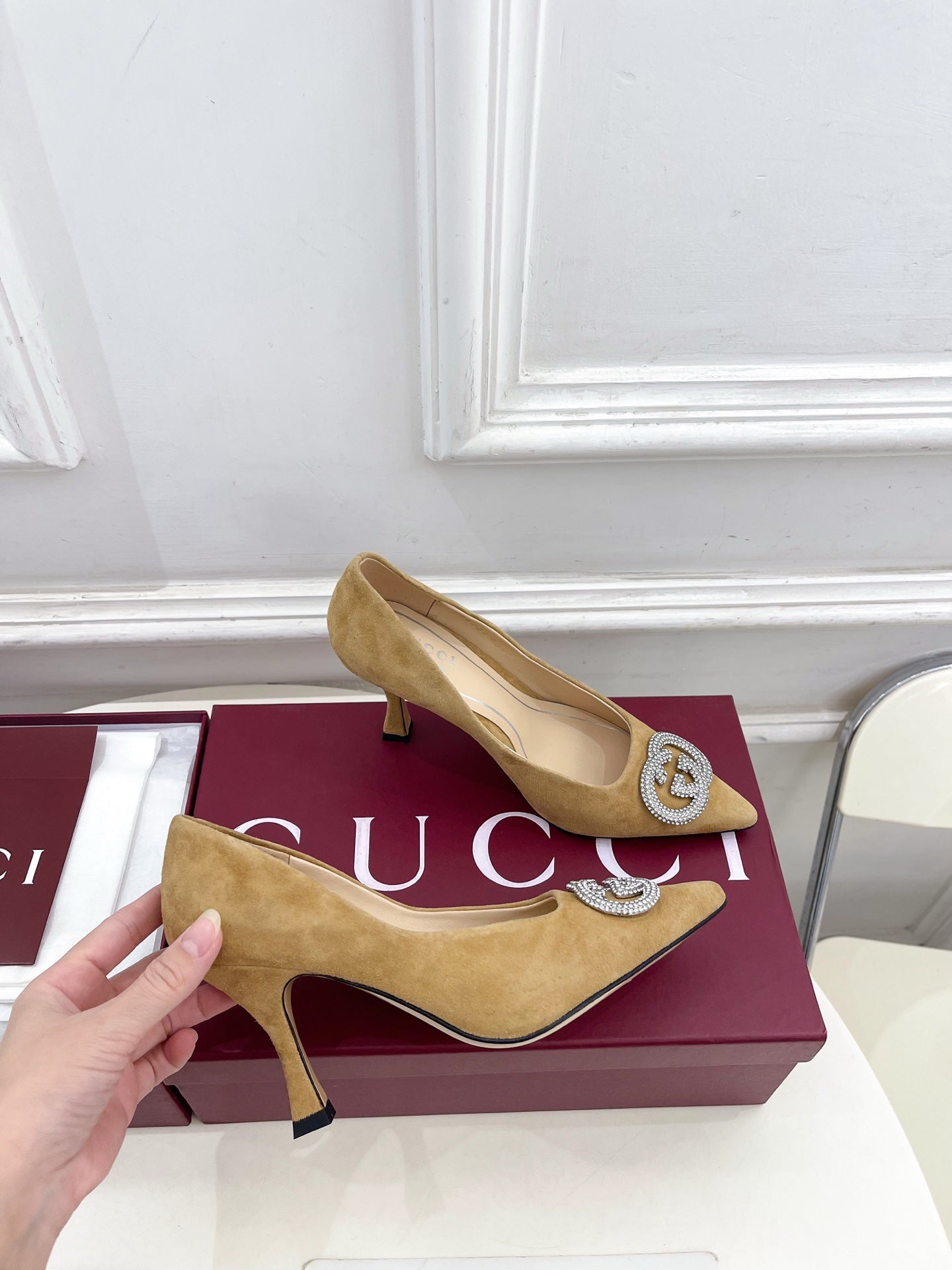 GG 26 High-Heeled 85 Pumps Beige Suede 587077