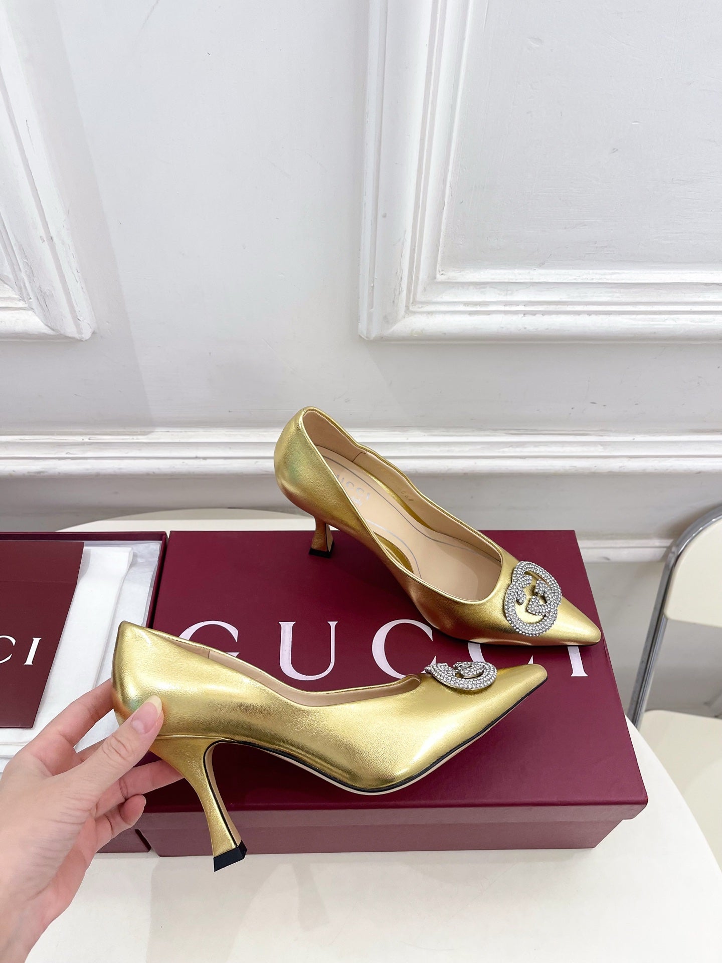 GG 26 High-Heeled 85 Pumps Gold Metallic Cowhide 587078