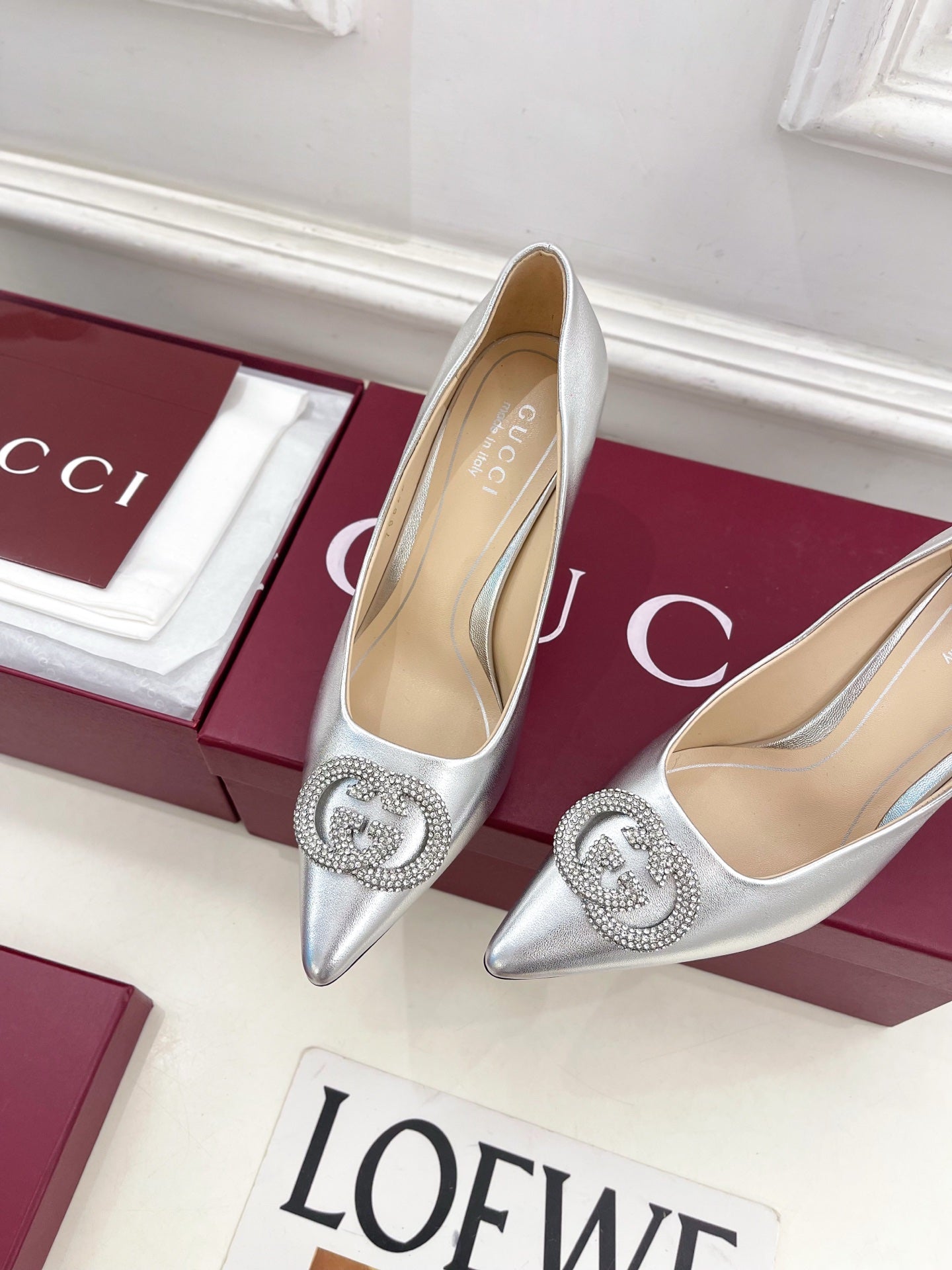 GG 26 High-Heeled 85 Pumps Sliver Metallic Cowhide 587079