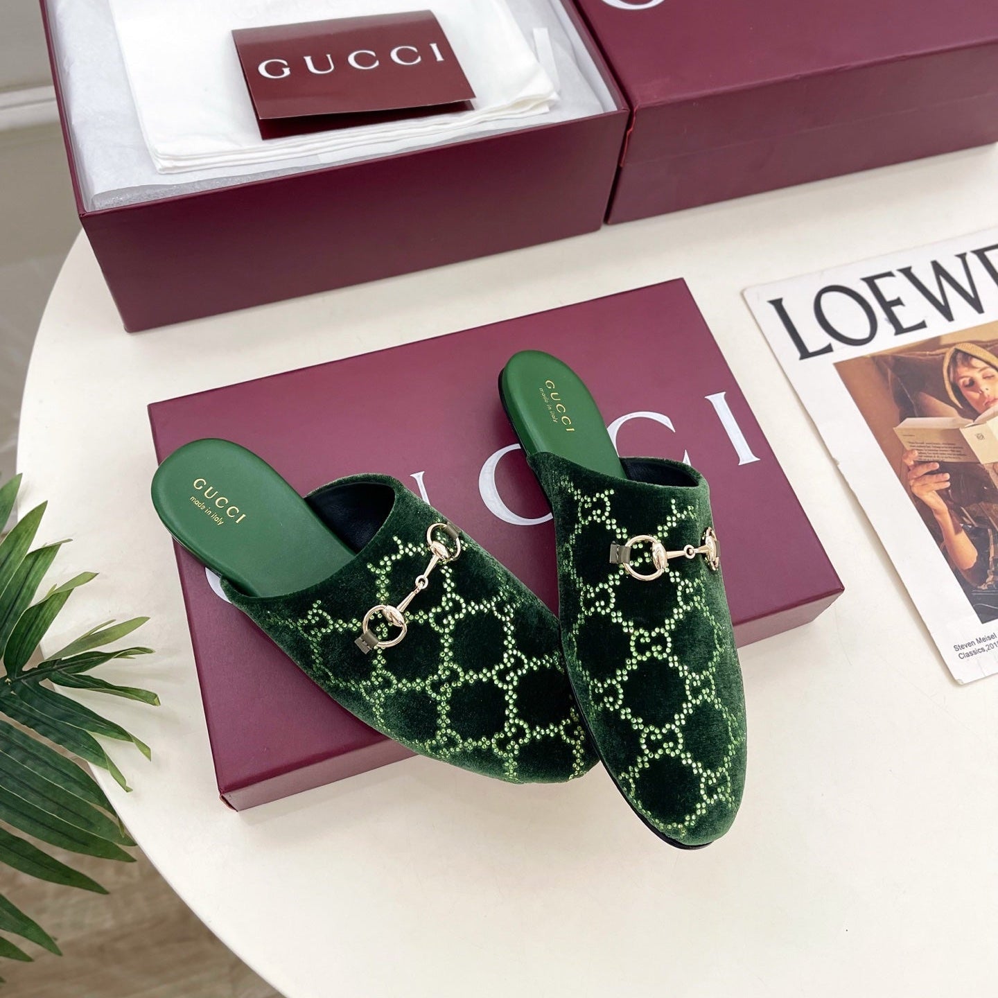 GG 26 Horsebit Flat Mules Rhinestones Dark Green Velvet 587082