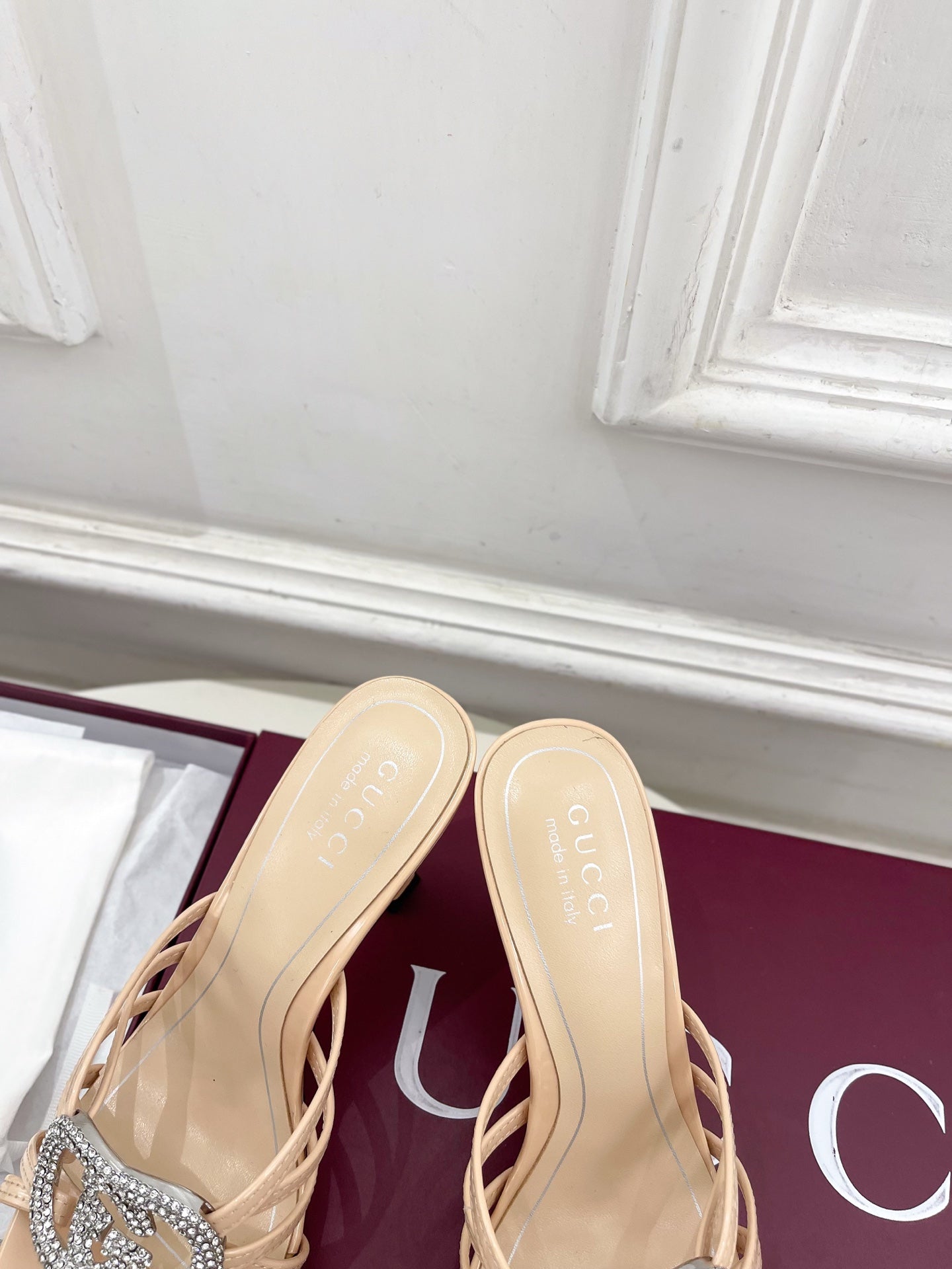 GG 26 High-Heeled Mules 85 Beige Patent Leather 587086