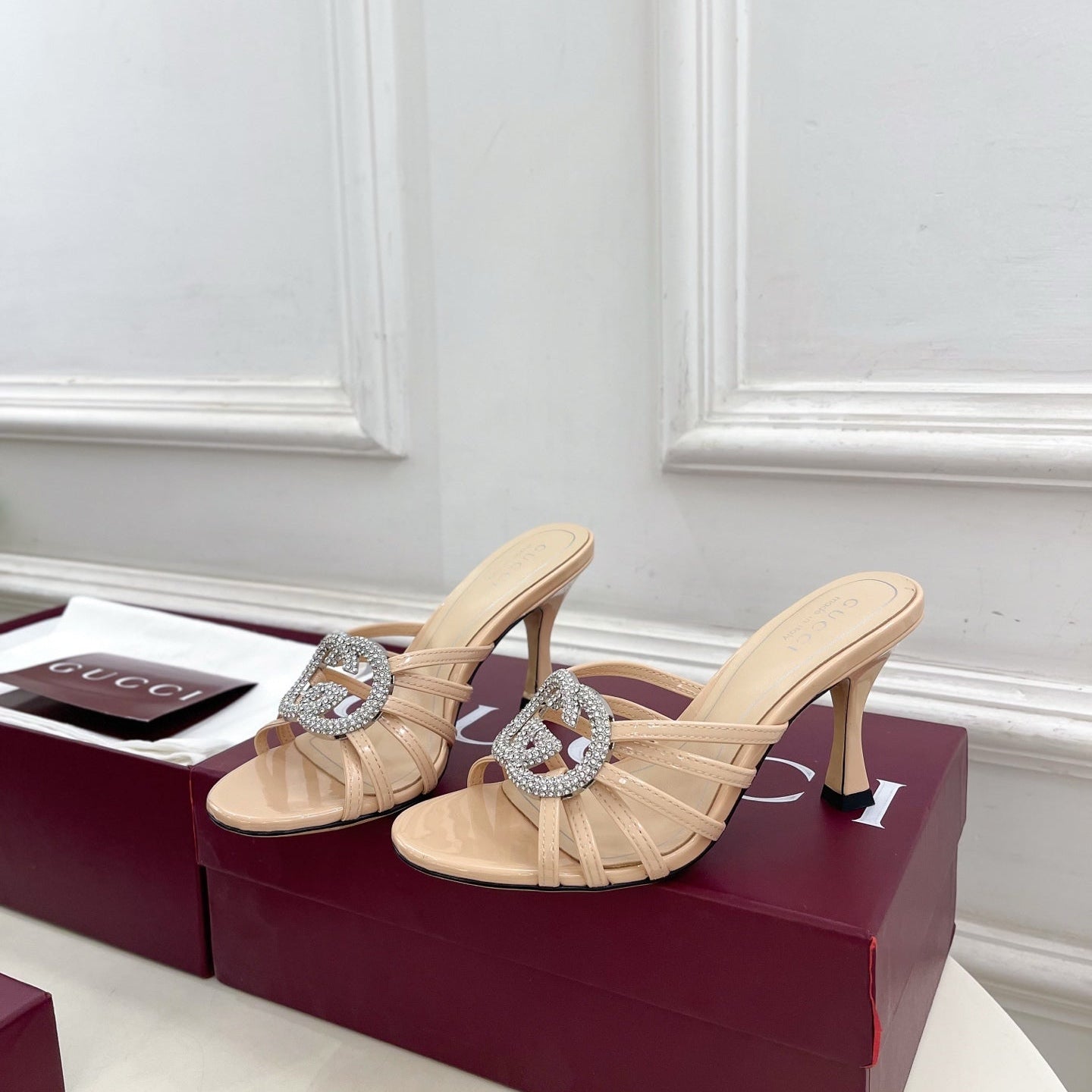 GG 26 High-Heeled Mules 85 Beige Patent Leather 587086