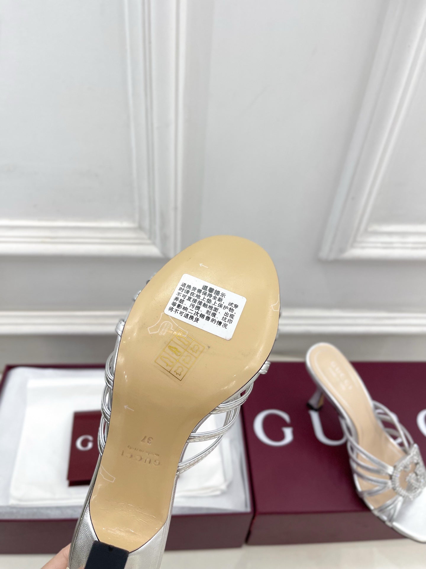 GG 26 High-Heeled Mules 85 Sliver Metallic Leather 587088