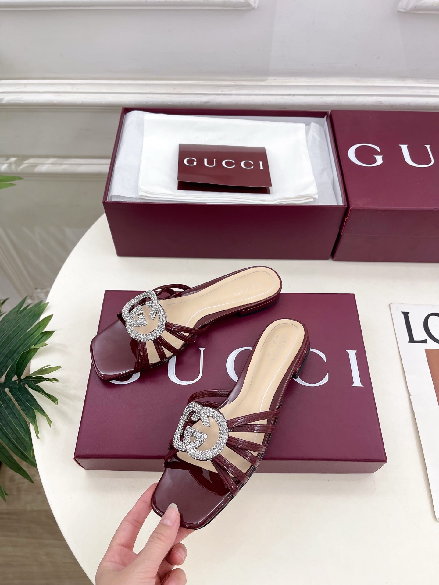 GG 26 Flat Sandals Dark Red Patent Leather 587090