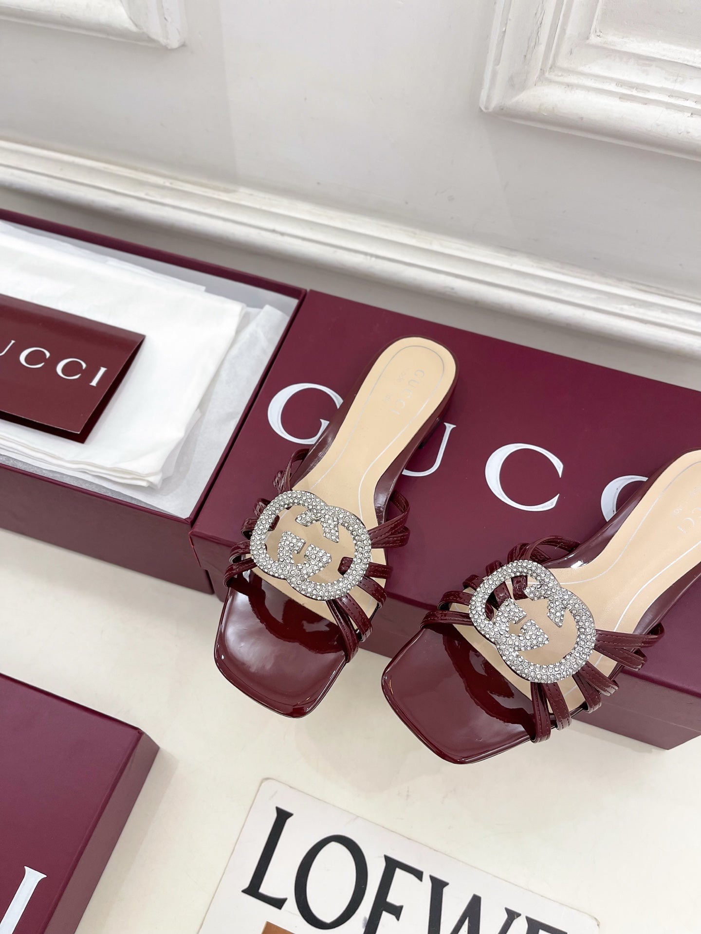 GG 26 Flat Sandals Dark Red Patent Leather 587090