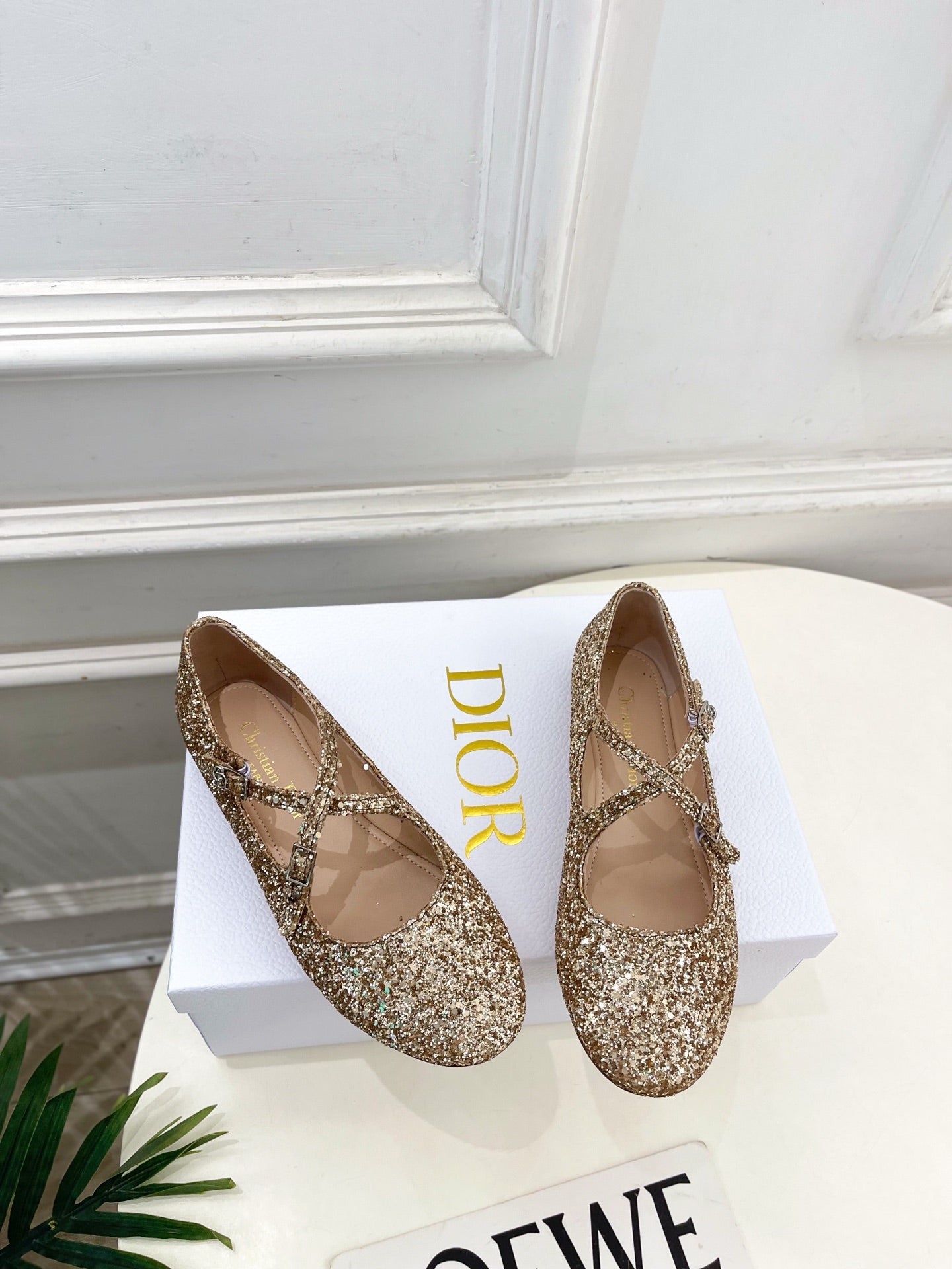 Dior 2026 Cross-Strap Ballet Flats Gold Glitter Leather 966828